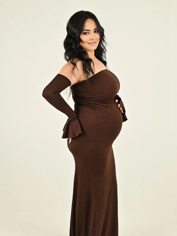 Photography Club - Pregnancy Gown Brown Off Shoulder Long