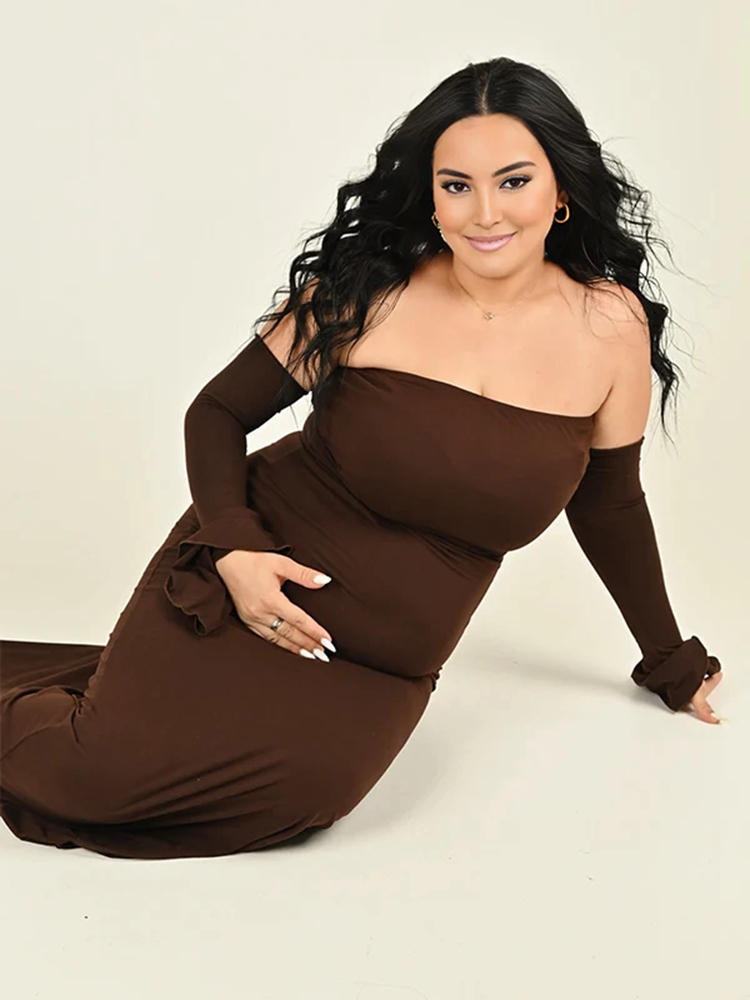 Pregnancy Gown Brown Off Shoul - Photography Club avaliação e preço